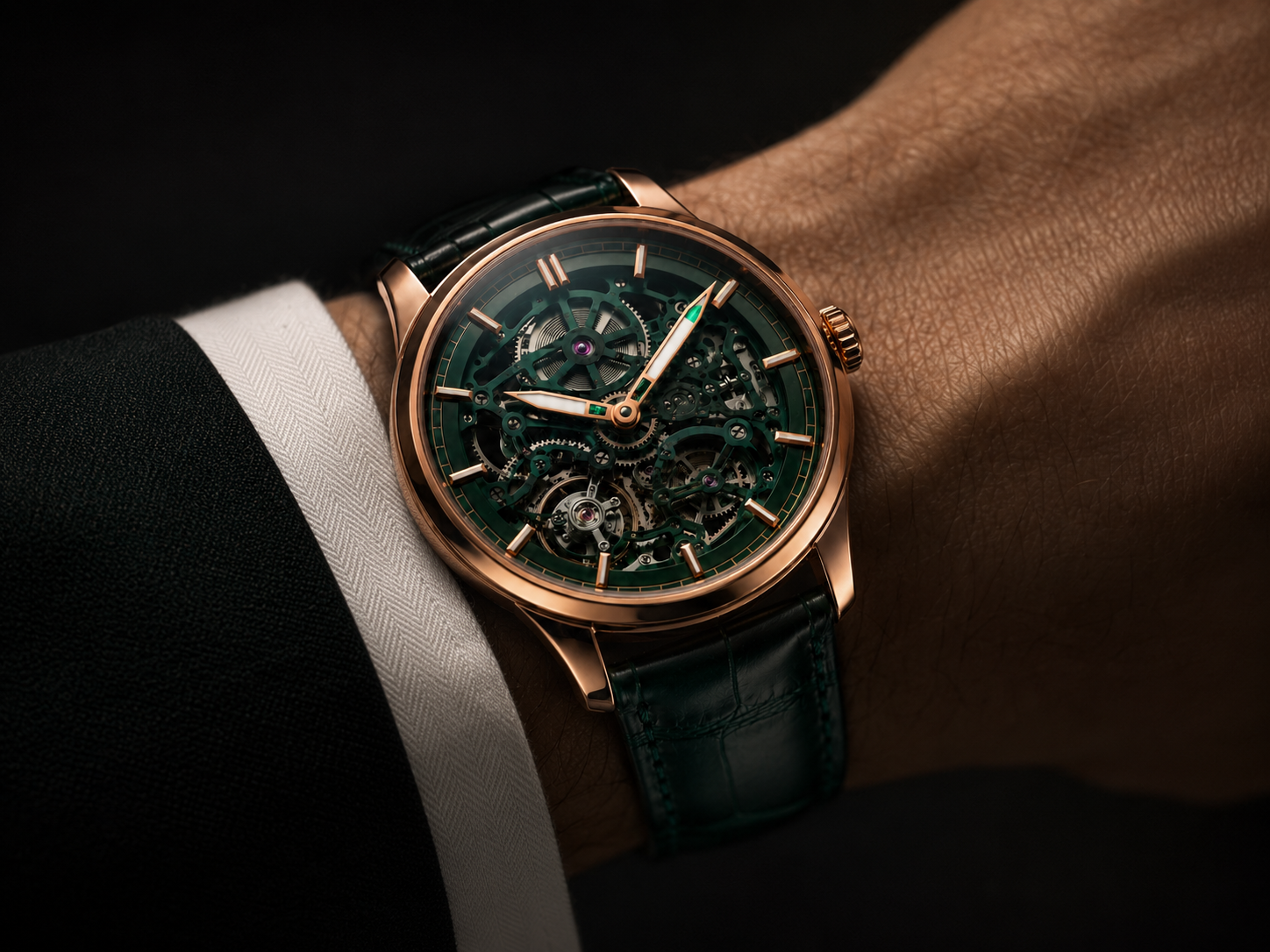 The Meridian on the wrist beneath a cuff, in low warm light