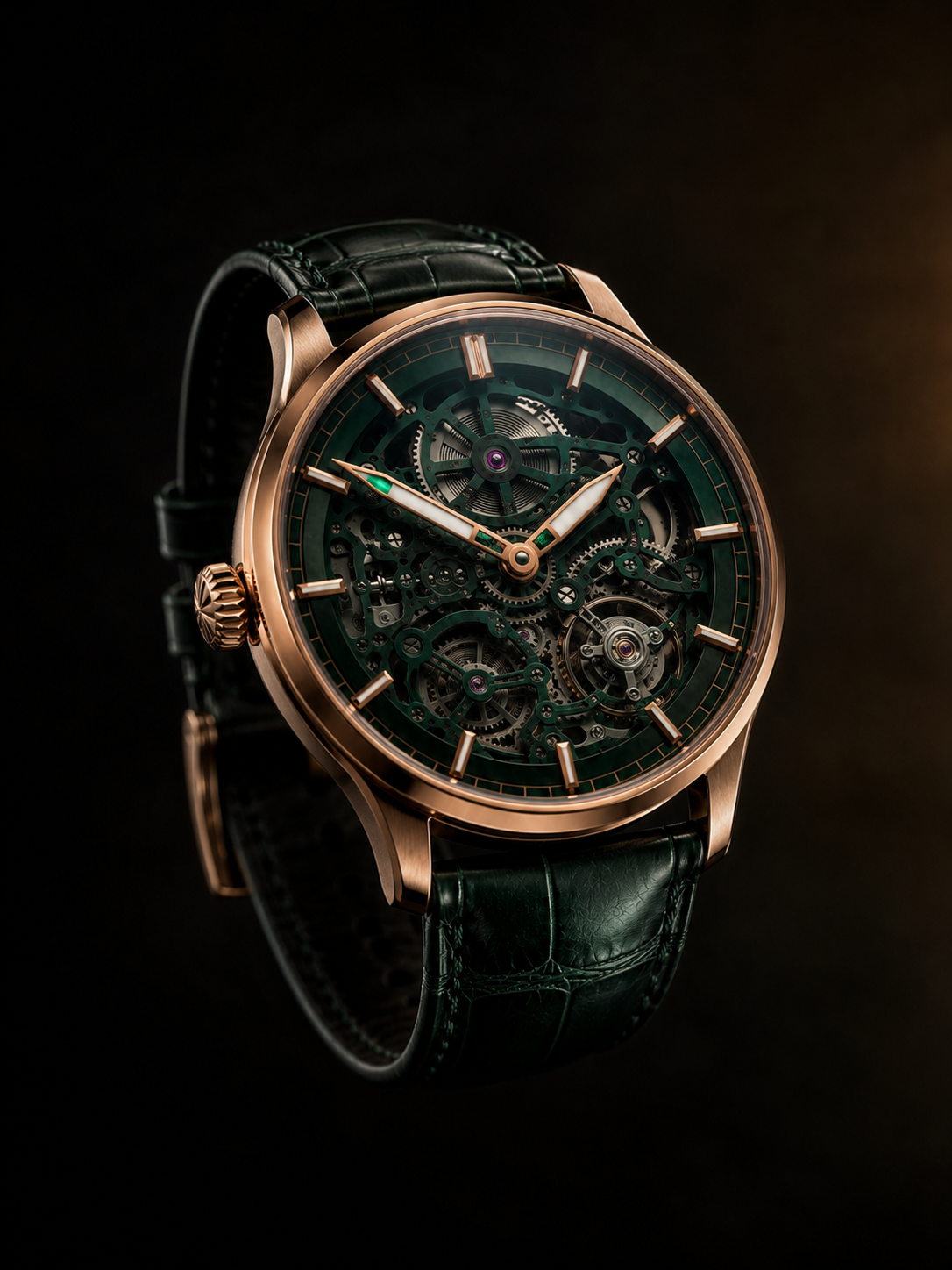 The Meridian 1911, full three-quarter view, rose-gold case and emerald skeletonised dial under dramatic light