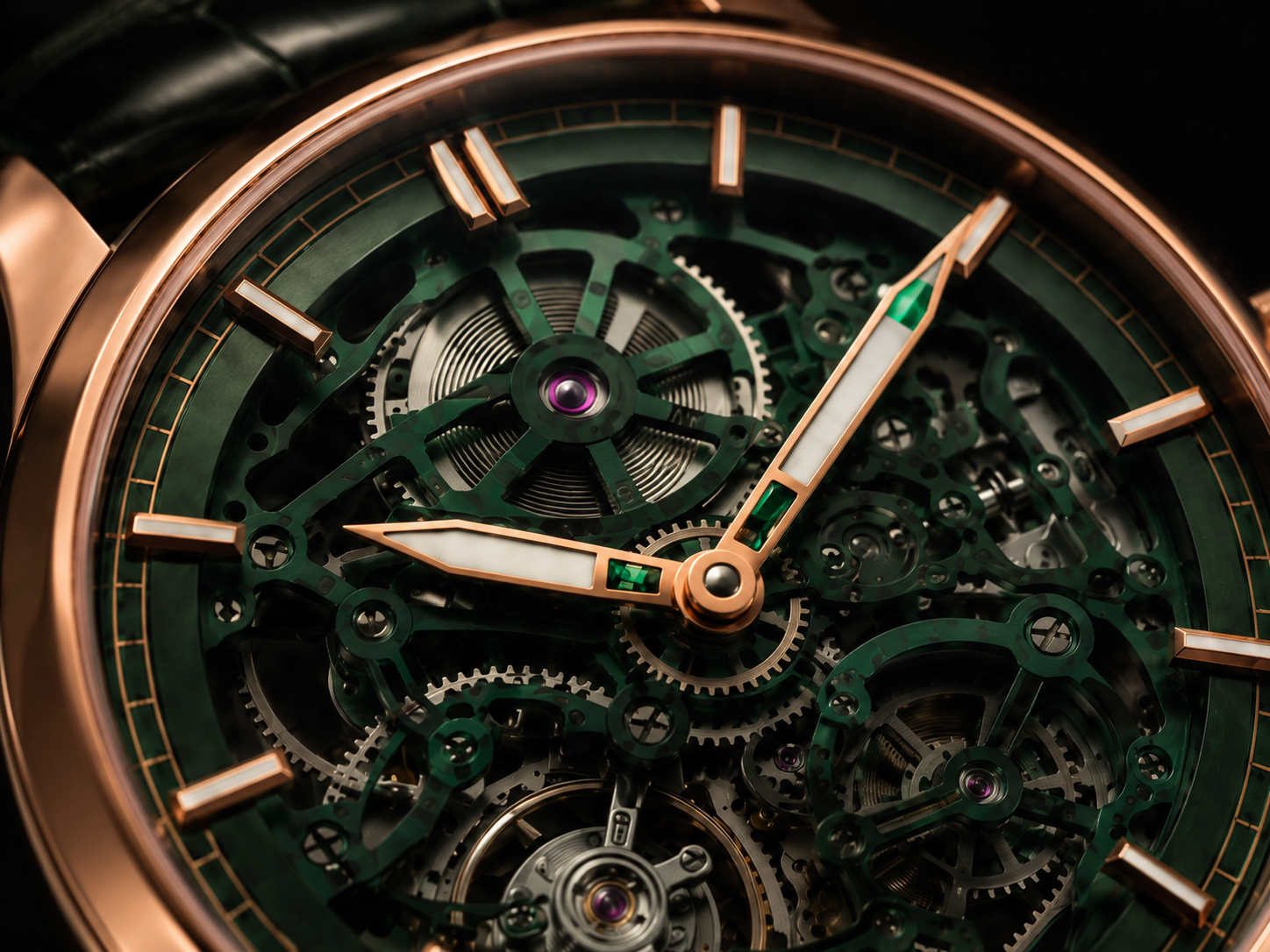 Macro of the dial, emerald chapter ring and slide-rule scale in fine relief