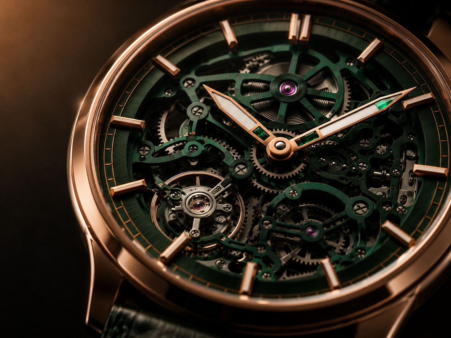 Macro of the Meridian skeletonised dial, emerald chapter ring and rose-gold indices catching light