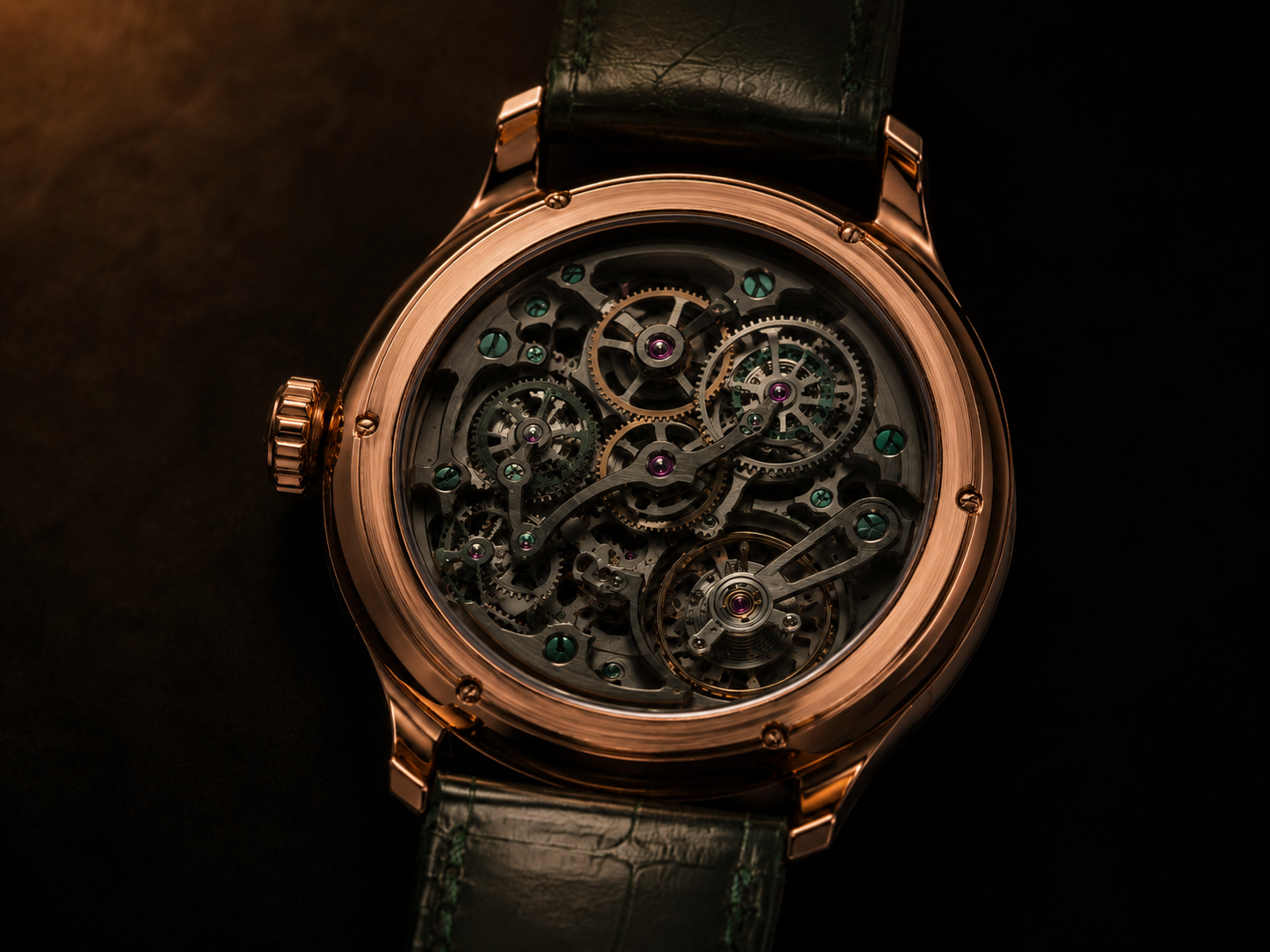 Full-bleed macro of the AV-1911 movement, hand-finished gold bridges and green jewels under low warm light