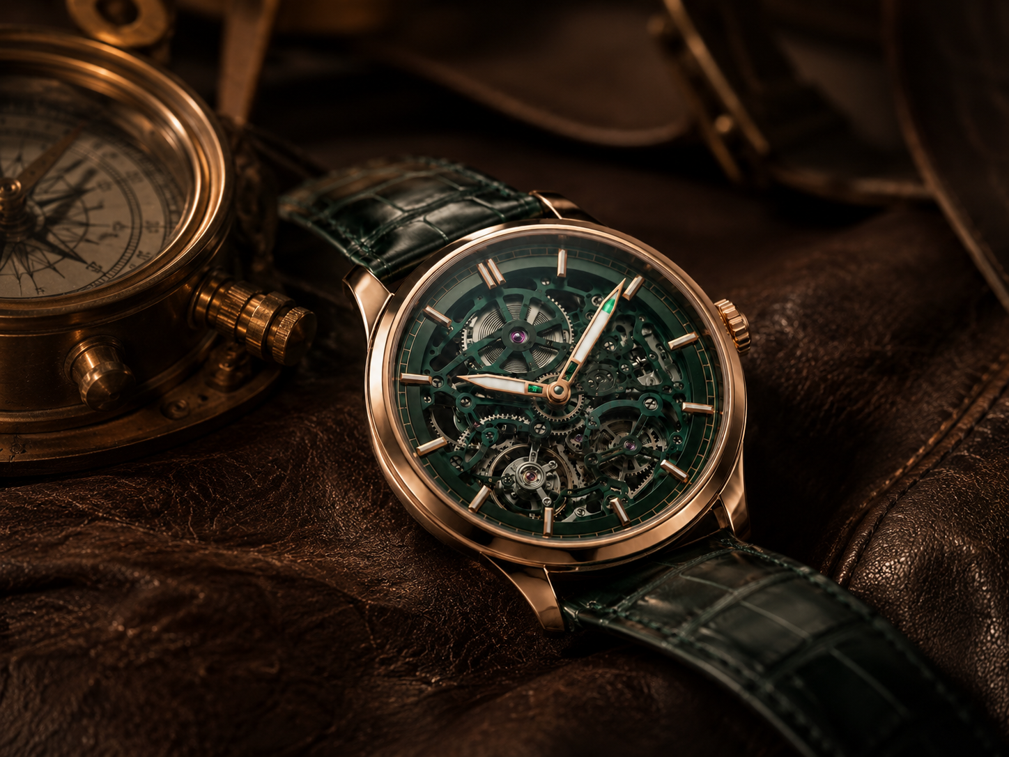 Close detail of the skeletonised dial against dark cloth
