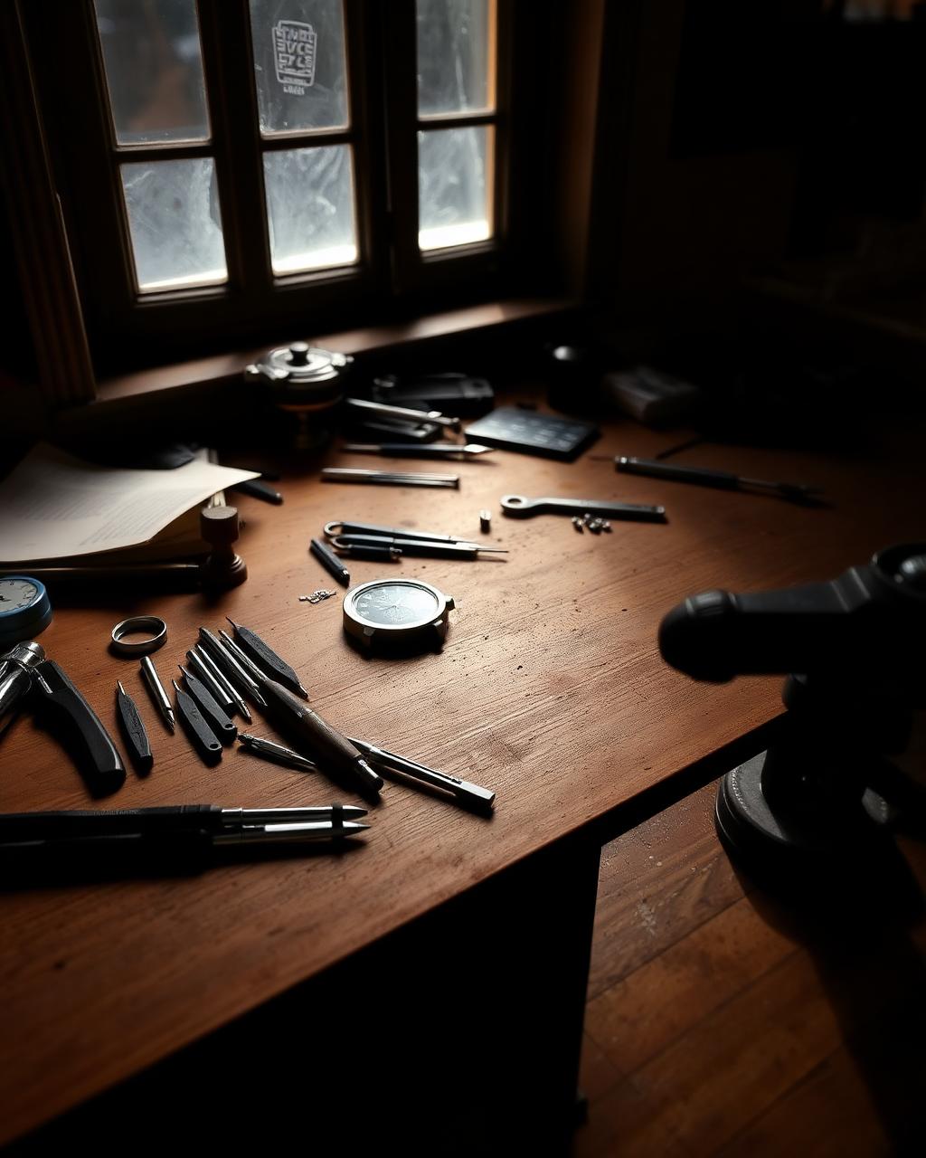 The atelier bench, watchmaker's tools and loupe arranged in low light