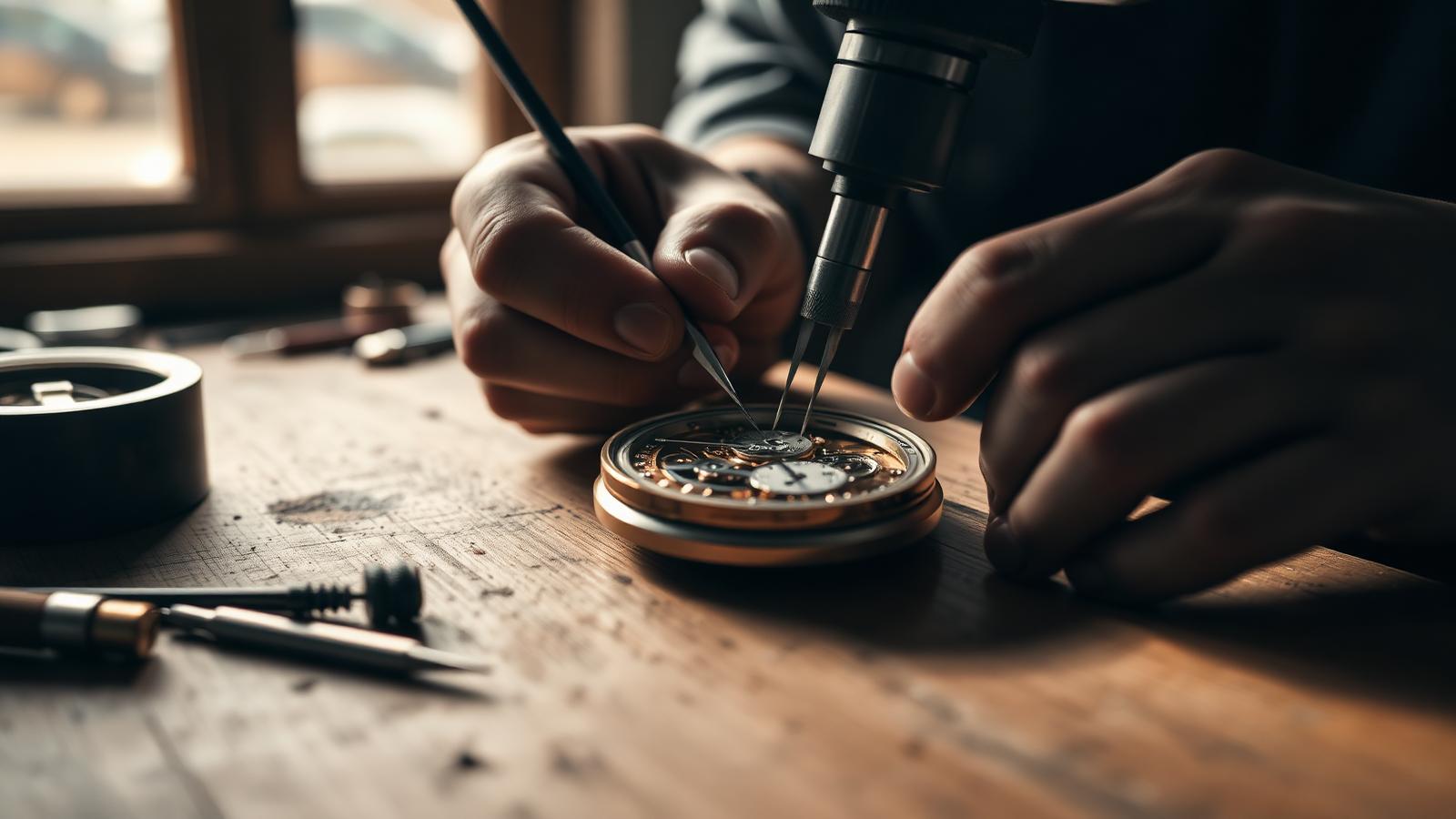 Watchmaker's hands at the bench, finishing a bridge under a loupe in low warm light
